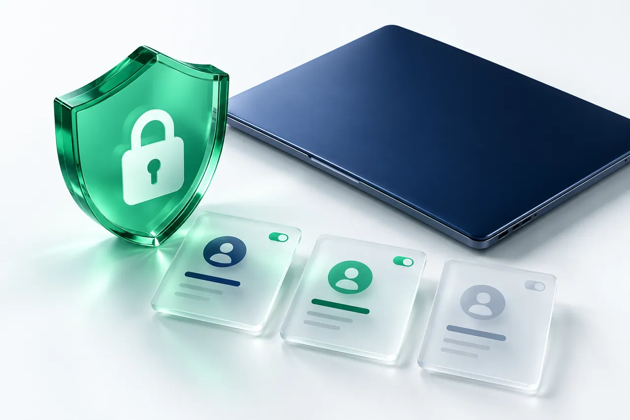 Conceptual green shield, closed laptop and separated role access cards.