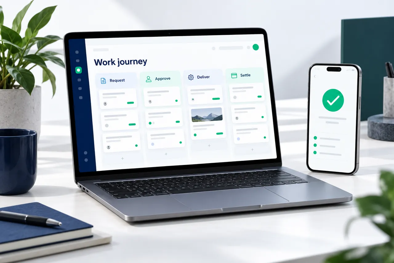 Illustrative work journey board beside a phone with an approval check.